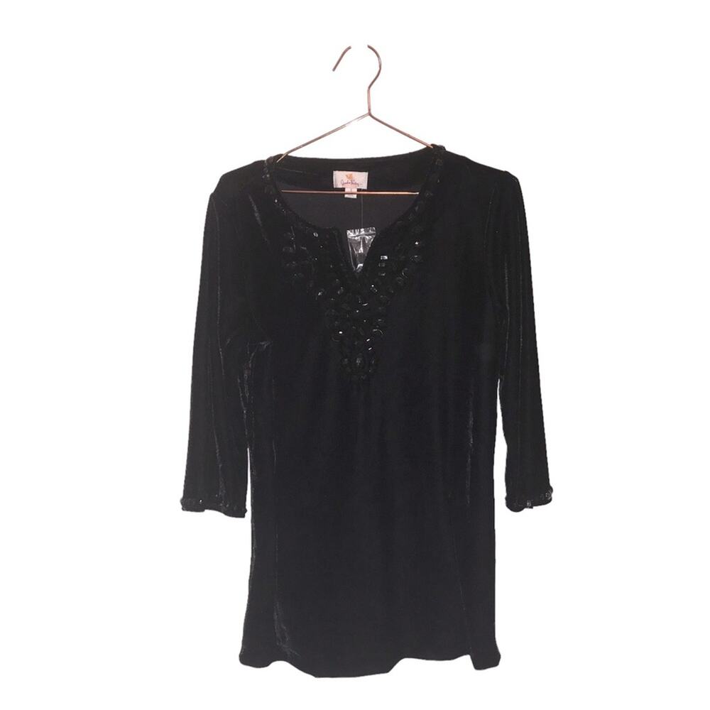 Quaker factory Black Velour (Velvet-Like) Embellished Blouse small new with tag
